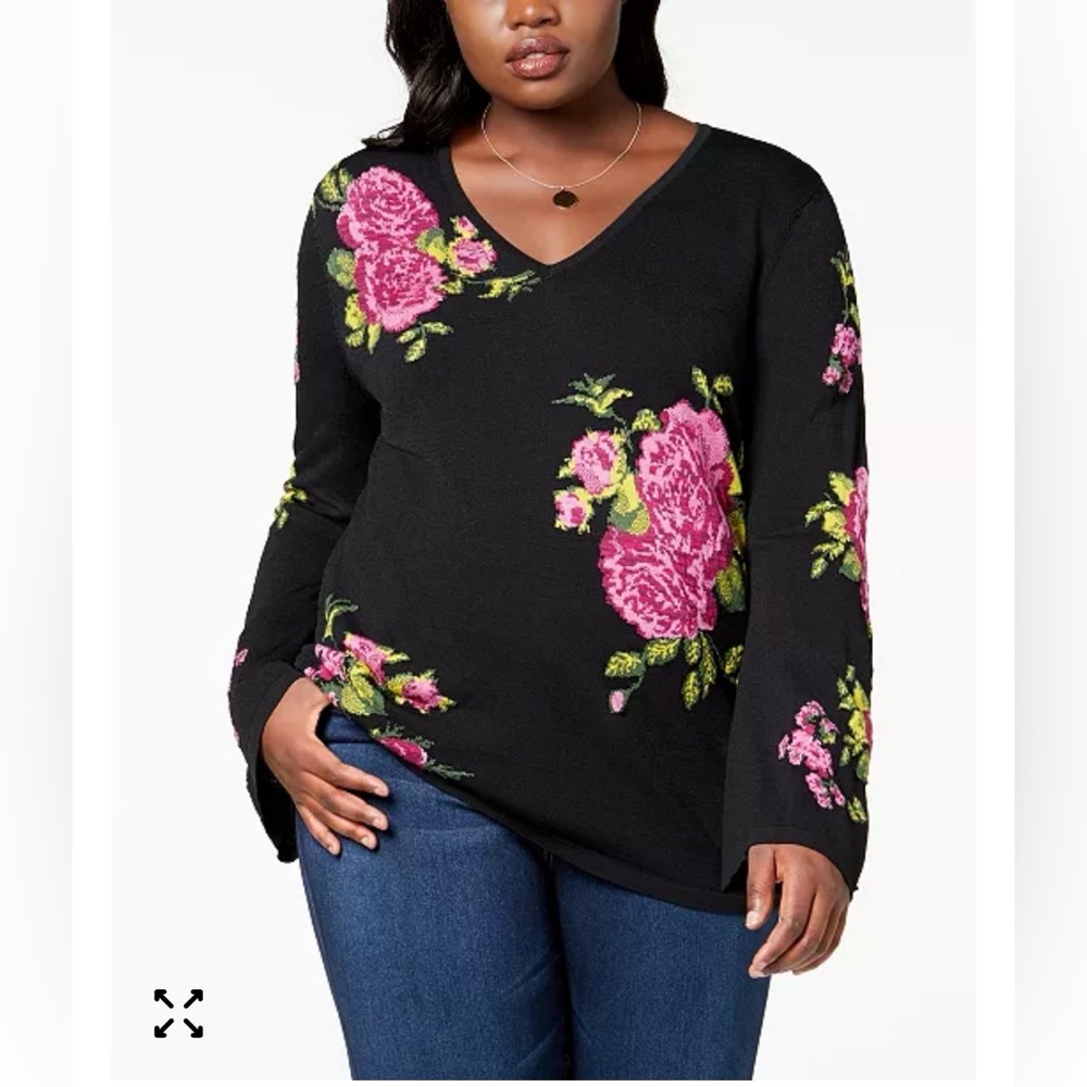 INC International Concepts • I.N.C. Jacquard Floral Black Pink Sweater Top Small